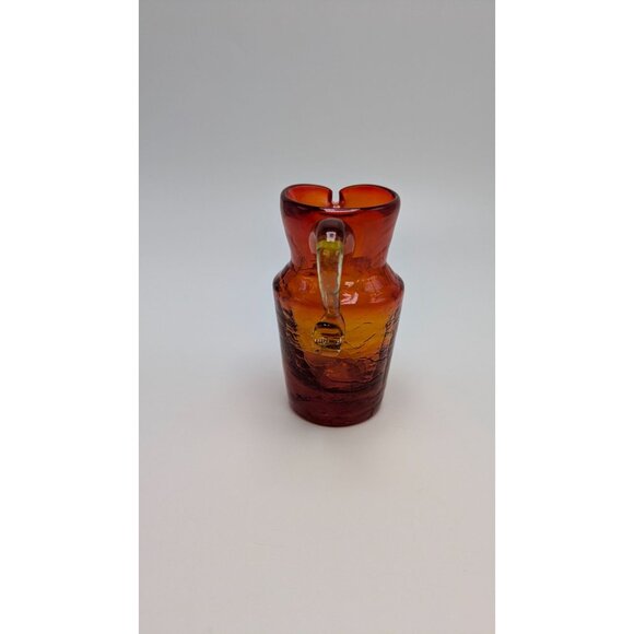 Blown Cracked Glass Amberina Pitcher Applied Handle Red Yellow Orange Vintage - Picture 5 of 10